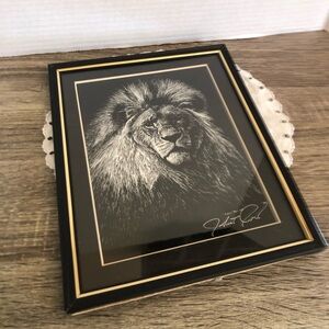 Vtg Robert Pow Framed Black & Gold Lion Artwork